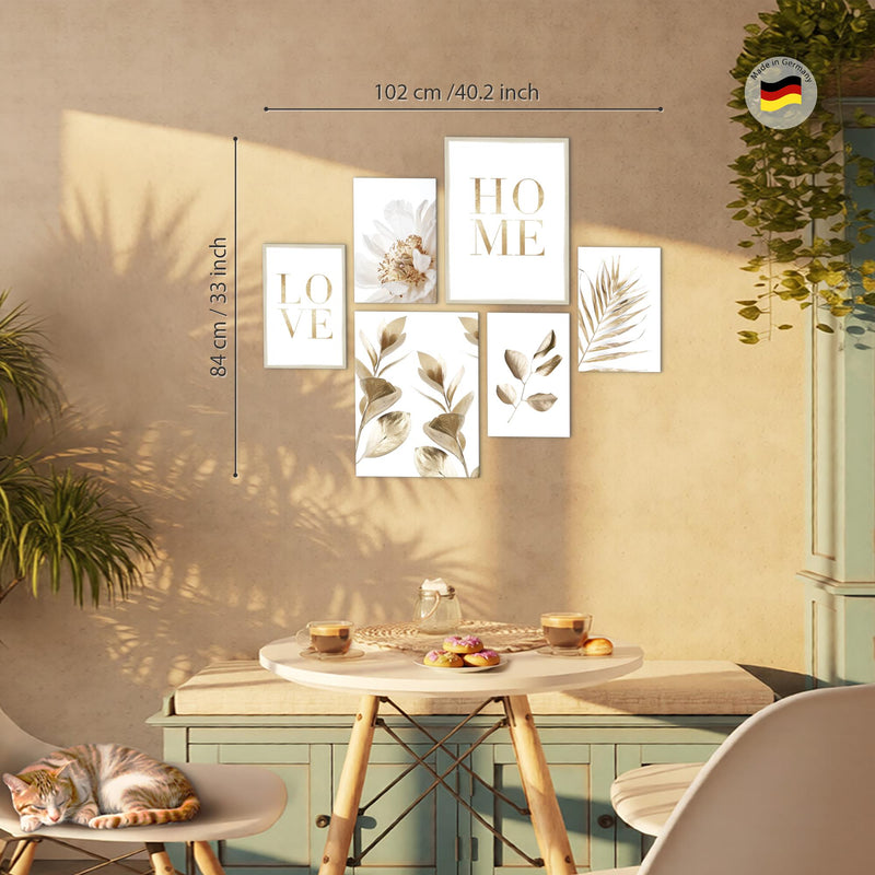 Novart Wandbilder Set Boho Gold Blätter Home - KEIN EXTRA RAHMEN BENÖTIGT -  Modern Deko  - Wohnzimmer Schlafzimmer N021563a