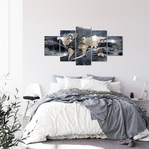 Runa Art - Bilder Weltkarte 200 x 100 cm 5 Teilig XXL Wanddekoration Design Grau 106851c