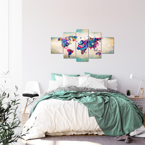 Runa Art Bild Büro Wohnzimmer Weltkarte 5 Teilig Vintage Kontinente Bunt Wandbilder auf Vlies Leinwand 013353a