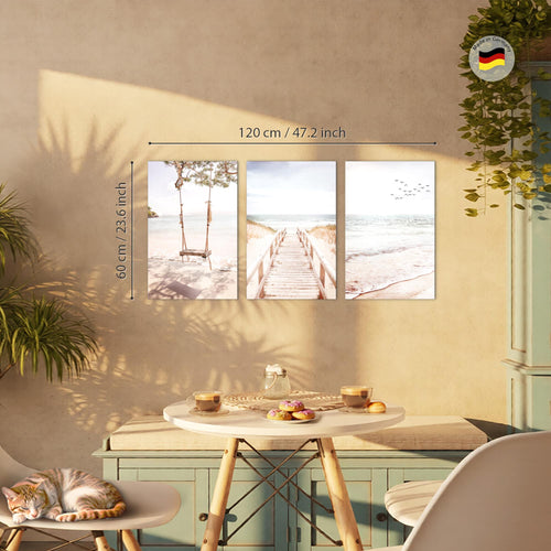 Novart Bilder Set Landschaft - KEIN EXTRA RAHMEN BENÖTIGT - Wandbilder für Wohnzimmer Schlafzimmer Büro - 3 Teilig Deko Strand - N038136b