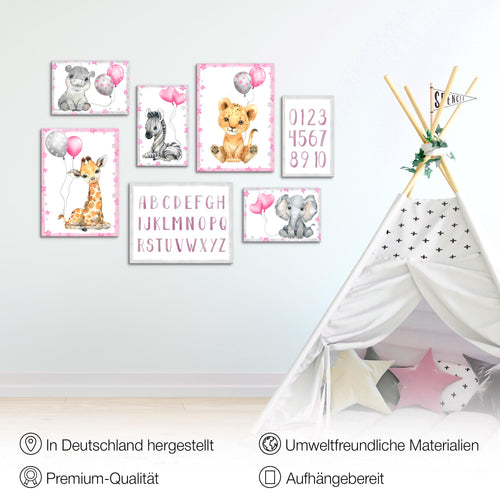 Novart Wandbilder Tiere - KOMPLETT AUFHÄNGFERTIG - Afrika Rosa Kinderzimmer Mädchen - 7 Moderne Mood-Bilder - N016671a