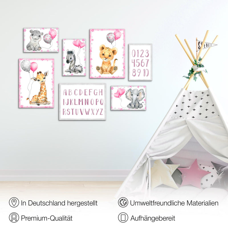 Novart Wandbilder Tiere - KOMPLETT AUFHÄNGFERTIG - Afrika Rosa Kinderzimmer Mädchen - 7 Moderne Mood-Bilder - N016671a