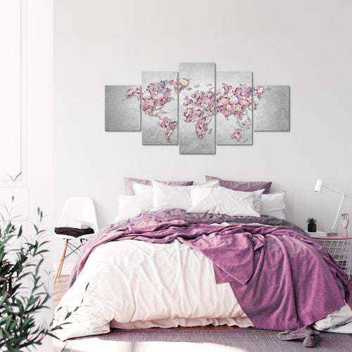 Runa Art - Bilder Weltkarte Blumen 200 x 100 cm 5 Teilig XXL Wanddekoration Design Grau Rosa 023251a