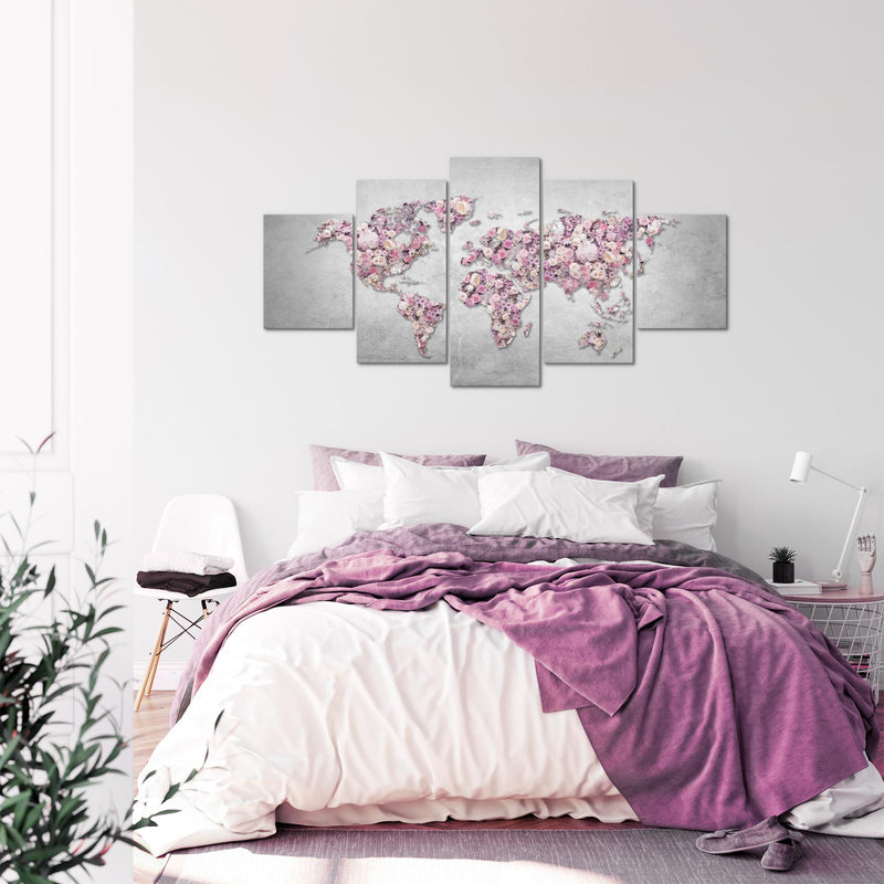 Runa Art - Bilder Weltkarte Blumen 200 x 100 cm 5 Teilig XXL Wanddekoration Design Grau Rosa 023251a