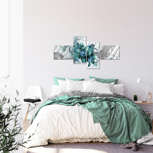 Runa Art Wandbilder Set XXL Blumen LilienWohnzimmer Schlafzimmer Grau Türkis 4 Teilig - Made in Germany - 016545a