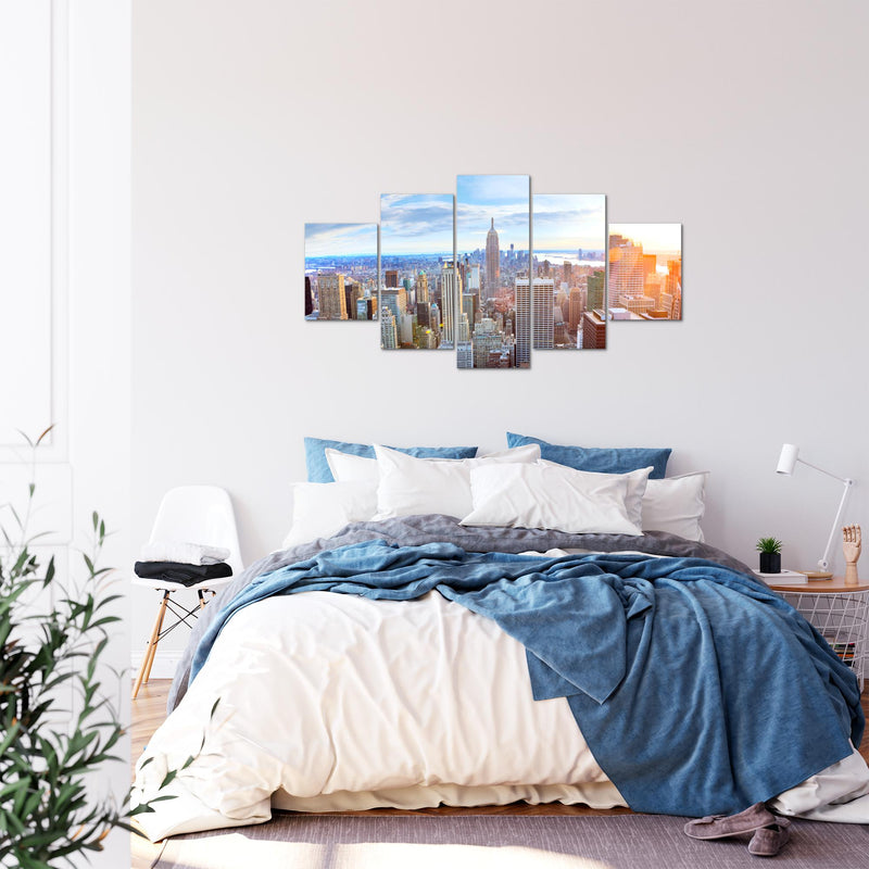 Runa Art Bild Wohnzimmer Büro New York Skyline 5 Teilig NY City Blau Beige Wandbilder auf Vlies Leinwand 010253a
