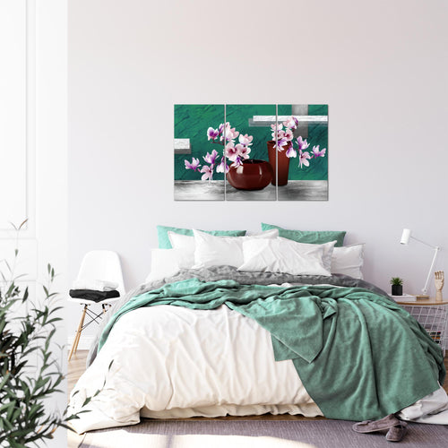 Runa Art Wandbilder Blumen Abstrakt Bild XXL Wohnzimmer Schlafzimmer Türkis Grau Blumenvase 120 x 80 cm 3 Teilig 035231b