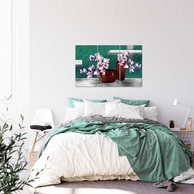 Runa Art Wandbilder Blumen Abstrakt Bild XXL Wohnzimmer Schlafzimmer Türkis Grau Blumenvase 120 x 80 cm 3 Teilig 035231b