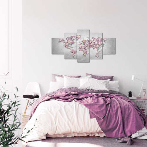 Runa Art Bild Wohnzimmer Schlafzimmer Weltkarte Blumen 5 Teilig Steinwand Grau Rosa Wandbilder auf Vlies Leinwand 023253a