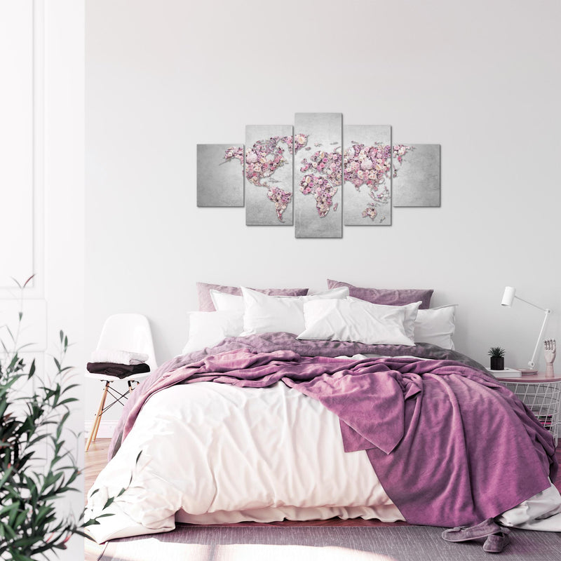 Runa Art Bild Wohnzimmer Schlafzimmer Weltkarte Blumen 5 Teilig Steinwand Grau Rosa Wandbilder auf Vlies Leinwand 023253a