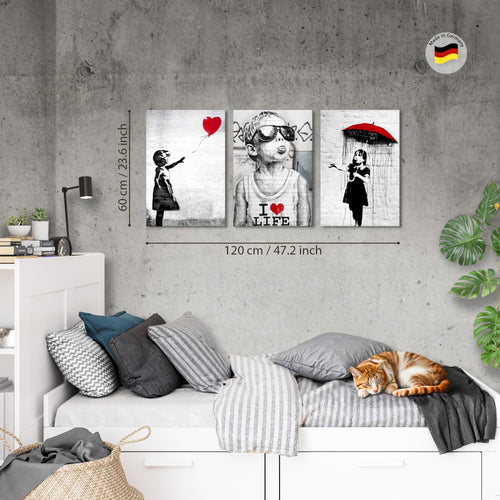 Novart Bilder Set Street Art - KEIN EXTRA RAHMEN BENÖTIGT - Wandbilder für Wohnzimmer Schlafzimmer Büro - 3 Teilig Deko Ballon - N003136a