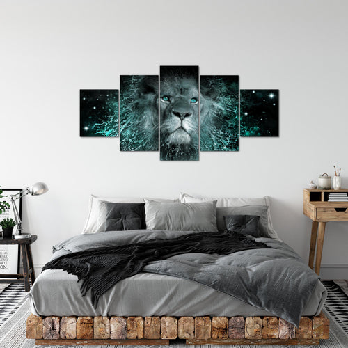 Runa Art - Bilder Afrika Löwe 200 x 100 cm 5 Teilig XXL Wanddekoration Design Schwarz Türkis 040751b