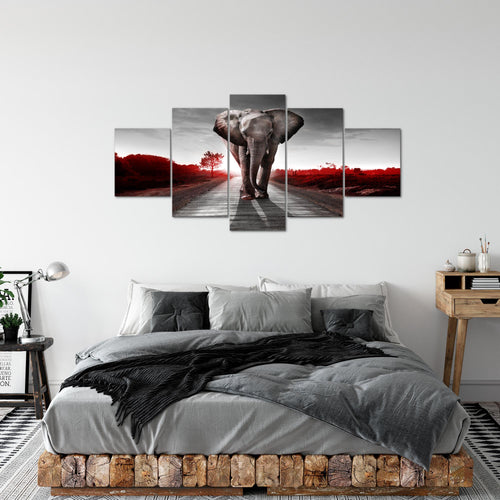 Runa Art - Bilder Afrika Elefant 200 x 100 cm 5 Teilig XXL Wanddekoration Design Rot Grau 042651b