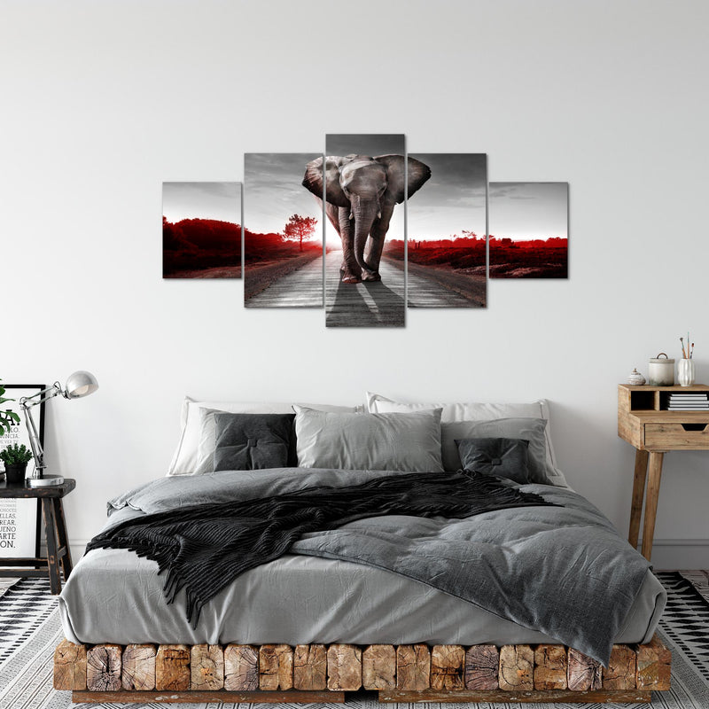 Runa Art - Bilder Afrika Elefant 200 x 100 cm 5 Teilig XXL Wanddekoration Design Rot Grau 042651b