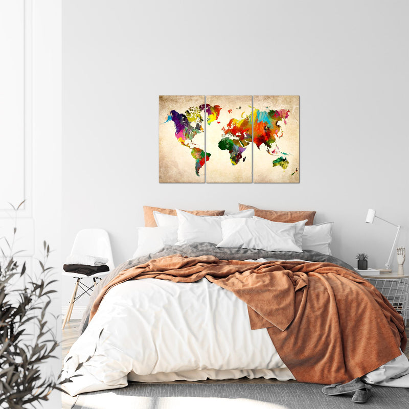 Runa Art Wandbilder Weltkarte Bild XXL Büro Wohnzimmer Bunt Kontinente Landkarte 120 x 80 cm 3 Teilig 105131a
