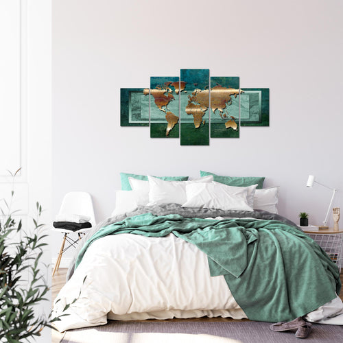 Runa Art Bild Büro Wohnzimmer Weltkarte 5 Teilig Landkarte metall Grün Wandbilder auf Vlies Leinwand 106753b