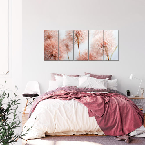Runa Art Wandbild XXL Blumen Pusteblumen Wohnzimmer Schlafzimmer 200 x 80 cm Grau Rosa 5 Teilig - Made in Germany - 042055a