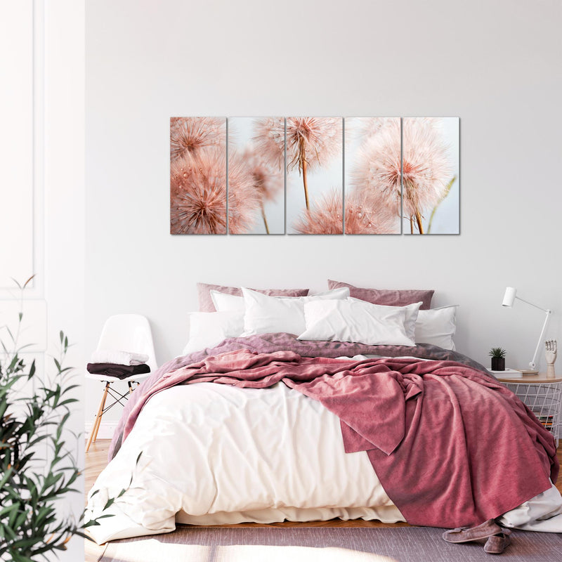 Runa Art Wandbild XXL Blumen Pusteblumen Wohnzimmer Schlafzimmer 200 x 80 cm Grau Rosa 5 Teilig - Made in Germany - 042055a