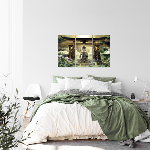 Runa Art Wandbilder Feng Shui Buddha Bild XXL Wohnzimmer Schlafzimmer Grün Braun Spa 120 x 80 cm 3 Teilig 036431a