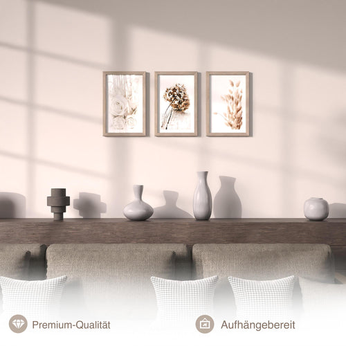 Novart Biler Set Boho - mit Rahmen - Wohnzimmer Schlafzimmer Wanddeko - 3 Wandbilder Beige - N123130aR1
