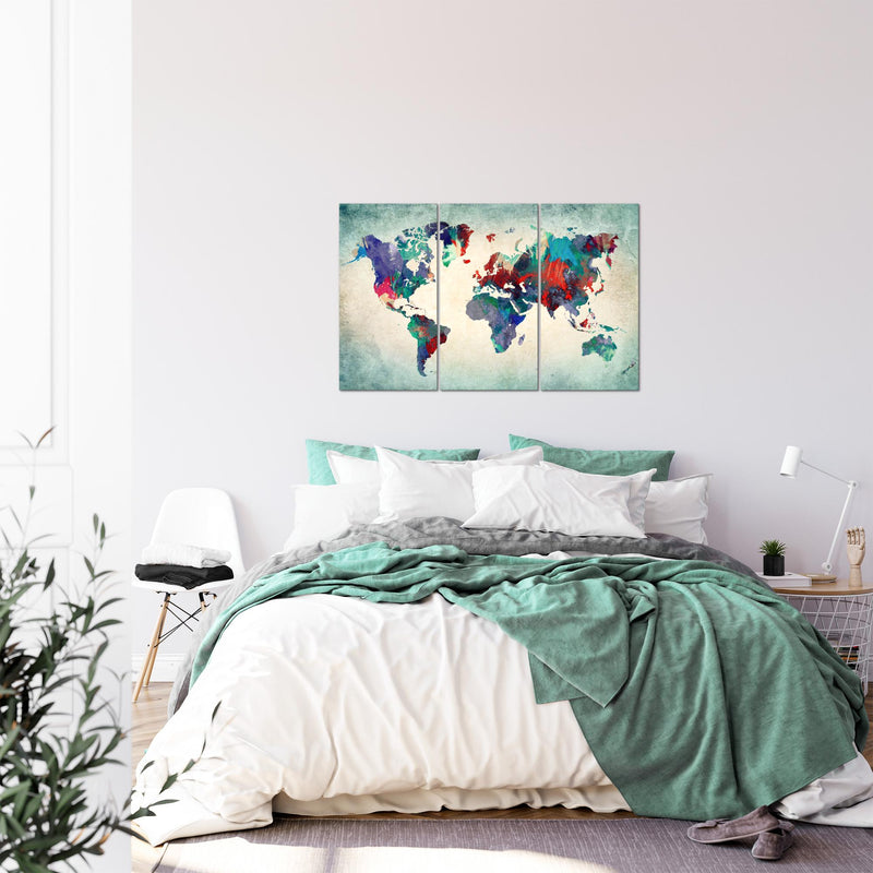 Runa Art Wandbilder Weltkarte Bild XXL Büro Wohnzimmer Bunt Grün Kontinente 120 x 80 cm 3 Teilig 105131b