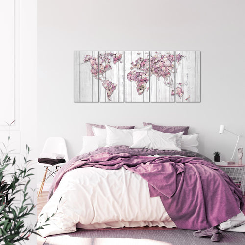 Runa Art Wandbild XXL Weltkarte Blumen Wohnzimmer Schlafzimmer 200 x 80 cm Grau Rosa 5 Teilig - Made in Germany - 023255b