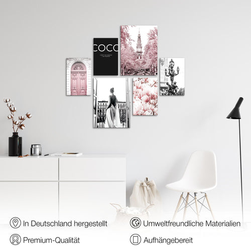 Novart Wandbilder Set Fashion Rosa - KEIN EXTRA RAHMEN BENÖTIGT -  Modern Deko  - Wohnzimmer Mädchen Teenager N005063a