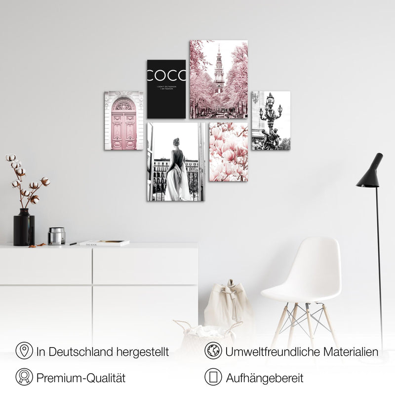 Novart Wandbilder Set Fashion Rosa - KEIN EXTRA RAHMEN BENÖTIGT -  Modern Deko  - Wohnzimmer Mädchen Teenager N005063a