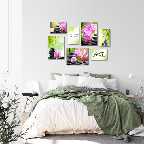Novart Wandbilder Feng Shui Zen Stein - KOMPLETT AUFHÄNGFERTIG - Grün Lila Wohnzimmer Schlafzimmer - 7 Moderne Mood-Bilder - N003471a
