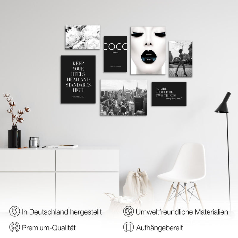 Novart Wandbilder Coco - KOMPLETT AUFHÄNGFERTIG - Schwarz Weiss Wohnzimmer Mädchen Teenager - 7 Moderne Mood-Bilder - N016371b