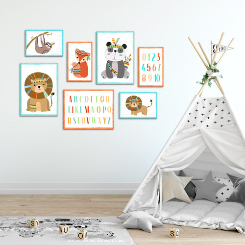 Novart Wandbilder Tiere - KOMPLETT AUFHÄNGFERTIG - Indianer Kinderzimmer Mädchen Junge - 7 Moderne Mood-Bilder - N000271b