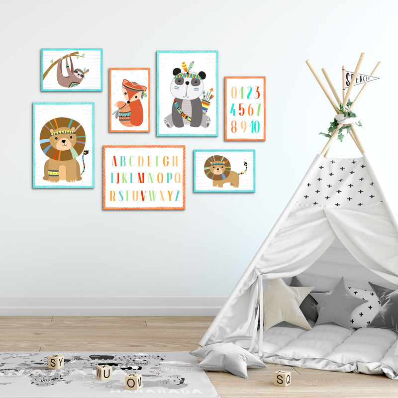 Novart Wandbilder Tiere - KOMPLETT AUFHÄNGFERTIG - Indianer Kinderzimmer Mädchen Junge - 7 Moderne Mood-Bilder - N000271b