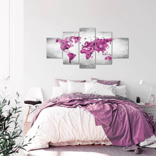 Runa Art - Bilder Weltkarte 200 x 100 cm 5 Teilig XXL Wanddekoration Design Rosa Grau 013351c