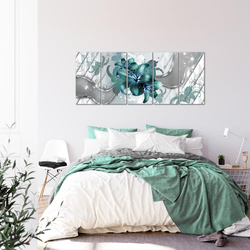 Runa Art Wandbild XXL Blumen Lilien Wohnzimmer Schlafzimmer 200 x 80 cm Grau Türkis 5 Teilig - Made in Germany - 016555a