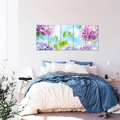 Runa Art Wandbild XXL Blumen Hortensien Wohnzimmer Schlafzimmer 200 x 80 cm Bunt 5 Teilig - Made in Germany - 017555c