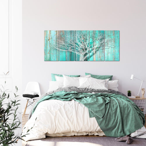 Runa Art Wandbild XXL Baum Abstrakt Wohnzimmer 200 x 80 cm Türkis Grau 5 Teilig - Made in Germany - 039955c