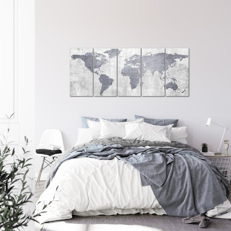 Runa Art Wandbild XXL Weltkarte Büro Wohnzimmer 200 x 80 cm Grau 5 Teilig - Made in Germany - 104355c