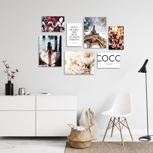 Novart Wandbilder Fashion Paris - KOMPLETT AUFHÄNGFERTIG - Coco Wohnzimmer Mädchen Teenager - 7 Moderne Mood-Bilder - N008271a