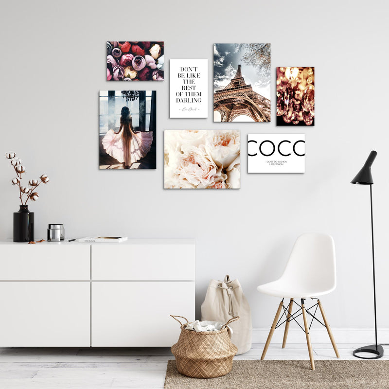 Novart Wandbilder Fashion Paris - KOMPLETT AUFHÄNGFERTIG - Coco Wohnzimmer Mädchen Teenager - 7 Moderne Mood-Bilder - N008271a