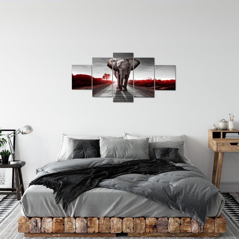 Runa Art Bild Wohnzimmer Schlafzimmer Afrika Elefant 5 Teilig Tiere Rot Grau Wandbilder auf Vlies Leinwand 042653b