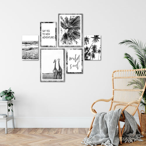 Novart Wandbilder Set Giraffen Palmen Schwarz Weiss - KEIN EXTRA RAHMEN BENÖTIGT -  Modern Deko  - Wohnzimmer Schlafzimmer N014363a