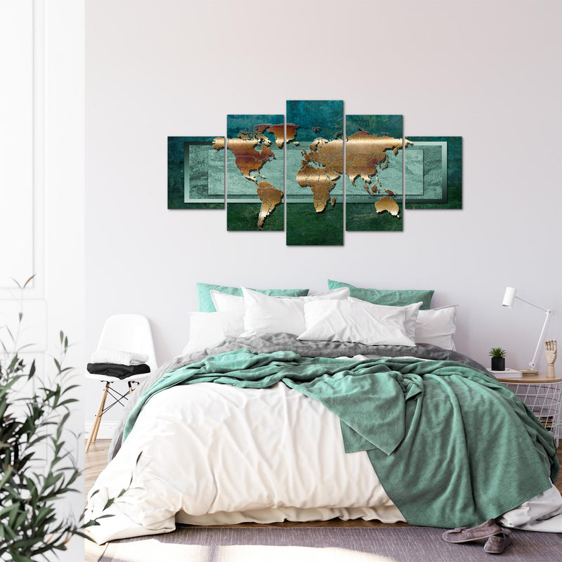 Runa Art - Bilder Weltkarte 200 x 100 cm 5 Teilig XXL Wanddekoration Design Grün 106751b