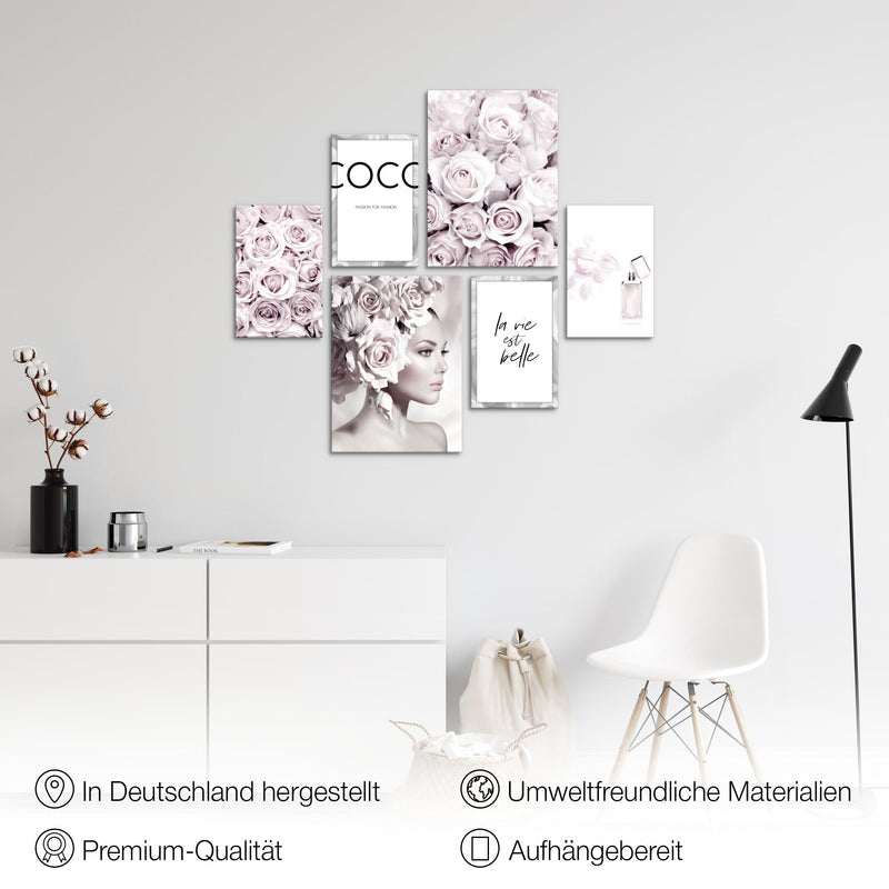 Novart Wandbilder Set Coco Fashion Grau Rosa - KEIN EXTRA RAHMEN BENÖTIGT -  Modern Deko  - Wohnzimmer Mädchen Teenager N000763a