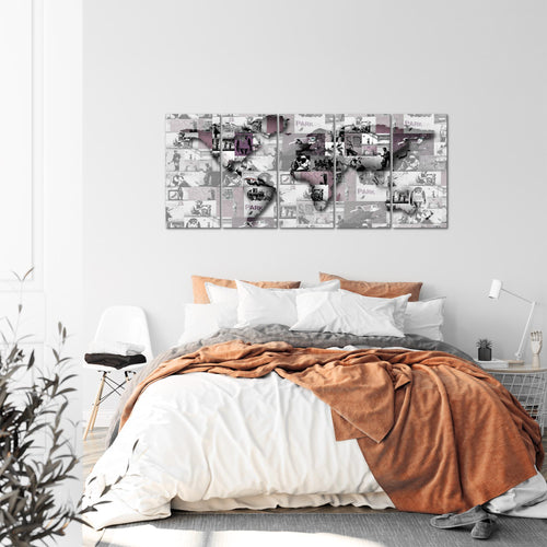 Runa Art Wandbild XXL Weltkarte Banksy Collage Loft Wohnzimmer 200 x 80 cm Rosa 5 Teilig - Made in Germany - 104555b