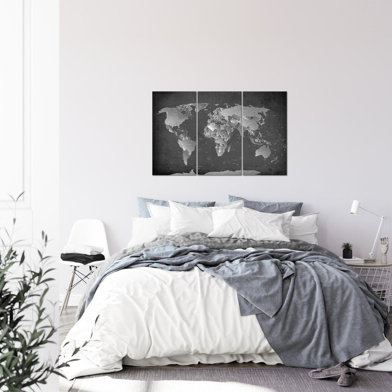 Runa Art Wandbilder Weltkarte Bild XXL Büro Wohnzimmer Schwarz Weiss Landkarte 120 x 80 cm 3 Teilig 107631b
