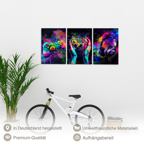 Runa Art - Bilder Gamer 40 x 60 cm - 3 Bilder 3 Teilig Wandbild auf Vlies Leinwand Controller Mehrteilig Modern 055536a