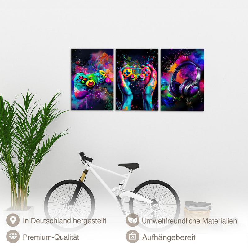 Runa Art - Bilder Gamer 40 x 60 cm - 3 Bilder 3 Teilig Wandbild auf Vlies Leinwand Controller Mehrteilig Modern 055536a