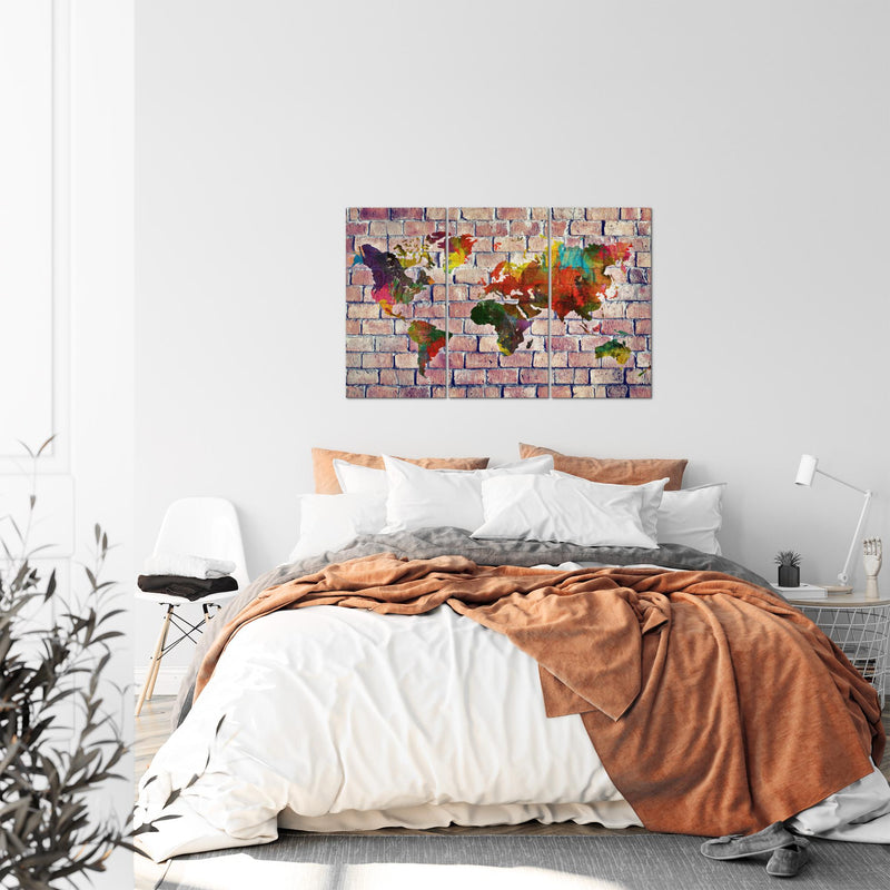Runa Art Wandbilder Weltkarte Bild XXL Büro Wohnzimmer Rot Bunt Ziegelwand 120 x 80 cm 3 Teilig 106931c
