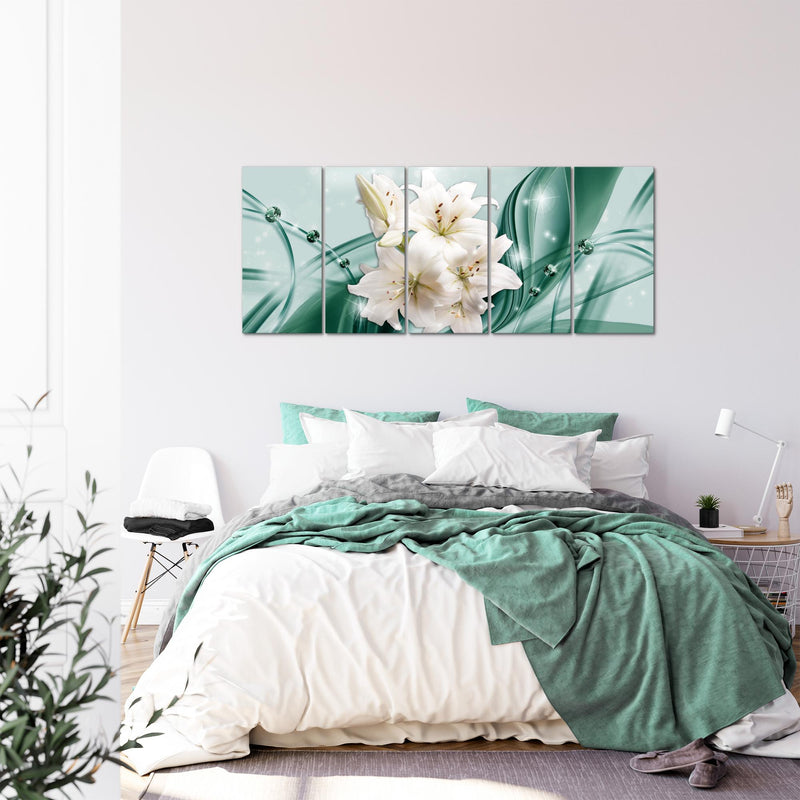 Runa Art Wandbild XXL Blumen Lilien Wohnzimmer Schlafzimmer 200 x 80 cm Grün 5 Teilig - Made in Germany - 017155b