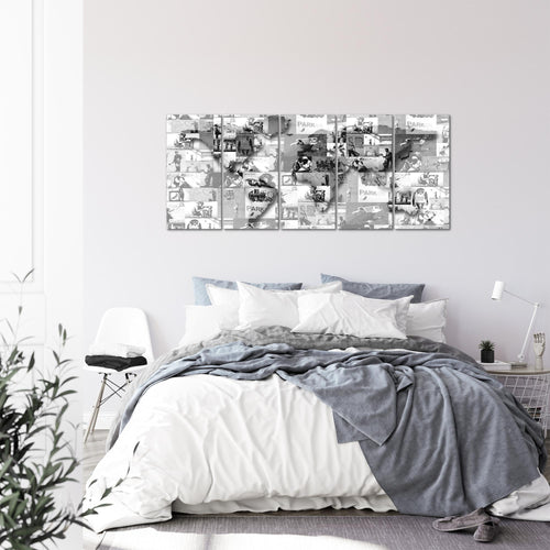 Runa Art Wandbild XXL Weltkarte Banksy Collage Loft Wohnzimmer 200 x 80 cm Grau 5 Teilig - Made in Germany - 104555c